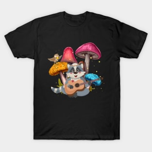 Cute Raccoon Playing Guitar With Mushrooms Background T-Shirt